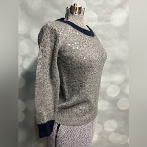 J Crew sequined (round disc) sweater in oatmeal and‎ navy trim